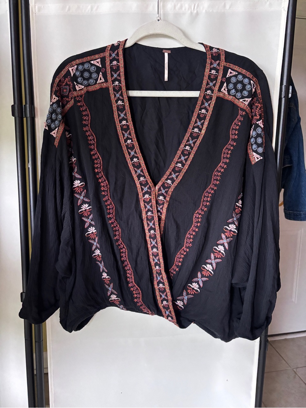 Free People Black Embroidered Boho Wrap Blouse with Pink & Cream Accents